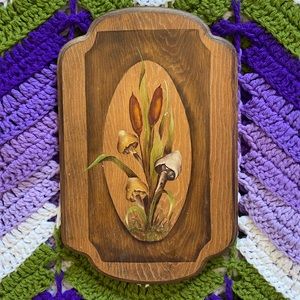 1970s merry mushroom hippie vintage cottage core boho psychedelic wooden decor
